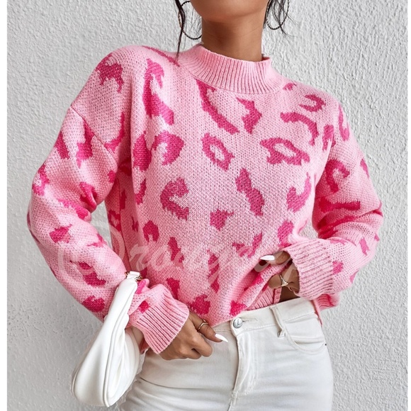 Pink Cheetah Leopard Animal Print Knit Sweater Pullover Long Sleeve - Picture 2 of 7